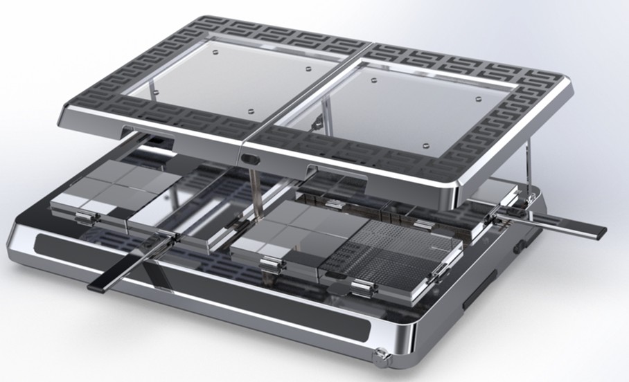 Exploded view showing trays and mechanisms
